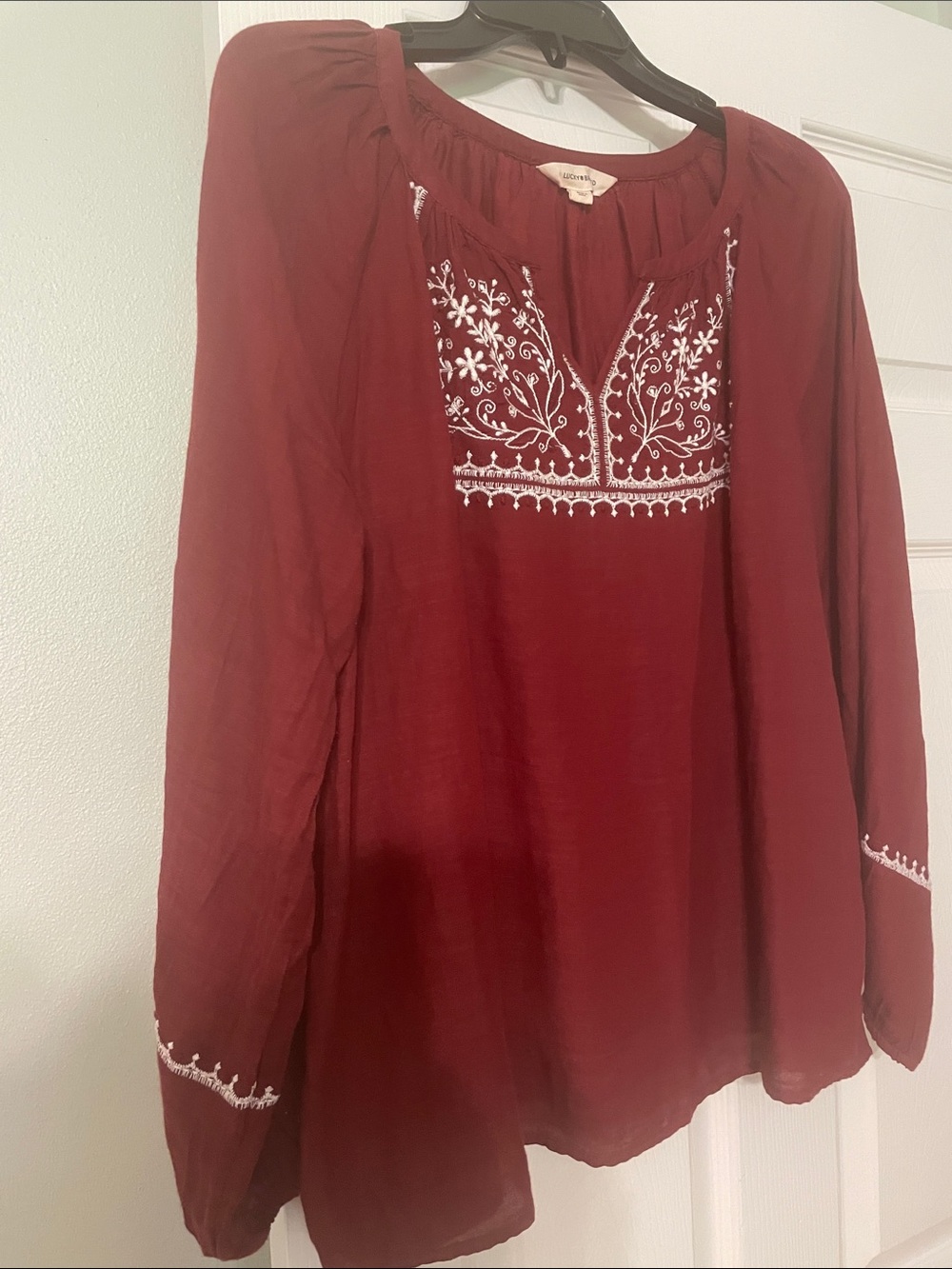 Lucky Brand Burgundy long sleeve top w/beautiful white embroidered v neck top